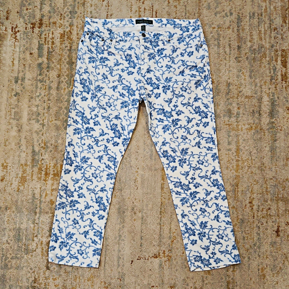 LRL Lauren Ralph Women’s White Blue Floral Modern Straight Ankle Jeans 14
